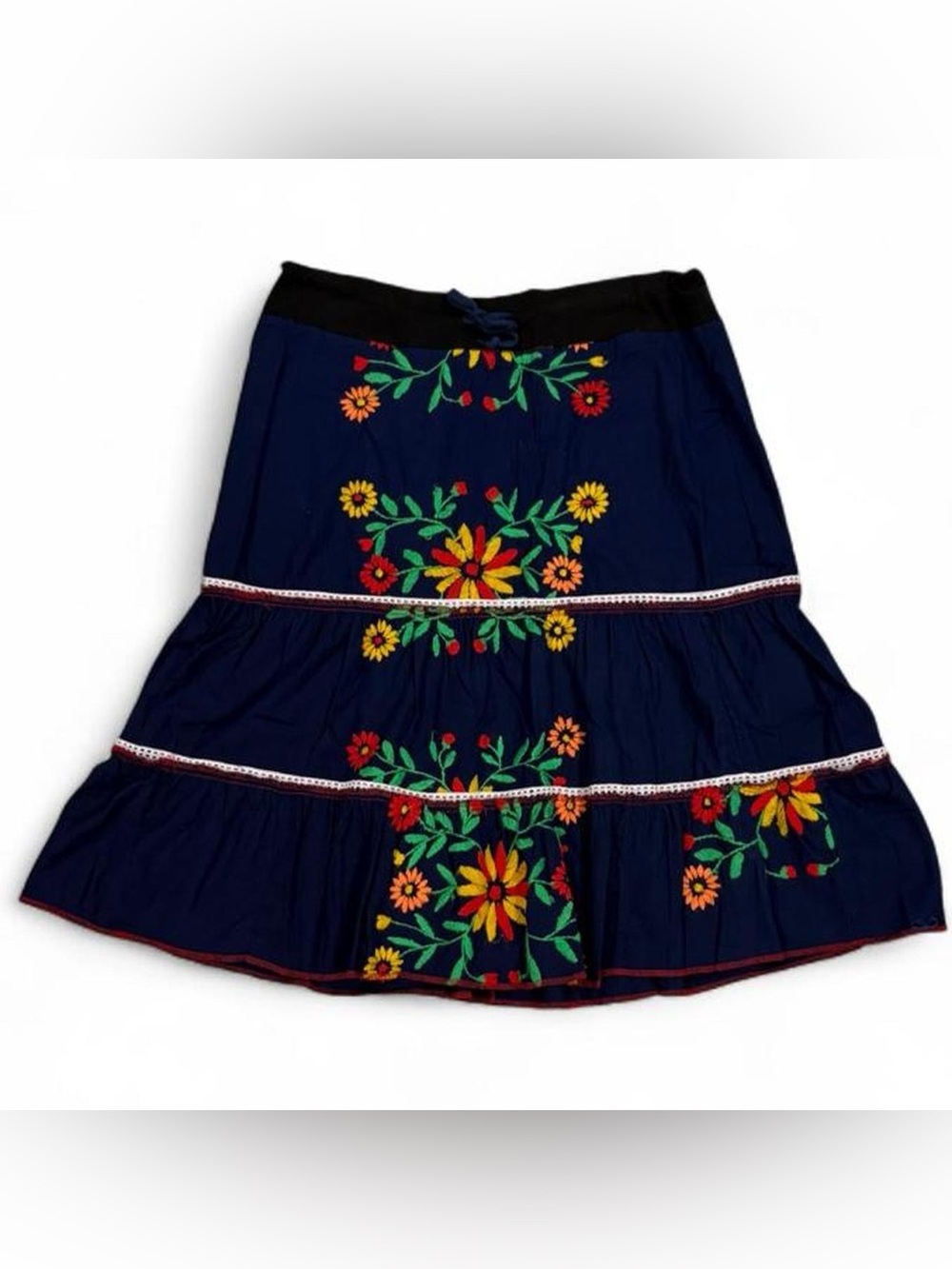 Y2K vintage Riley Embroidered Cotton Peasant Tiered Skirt with Floral Design